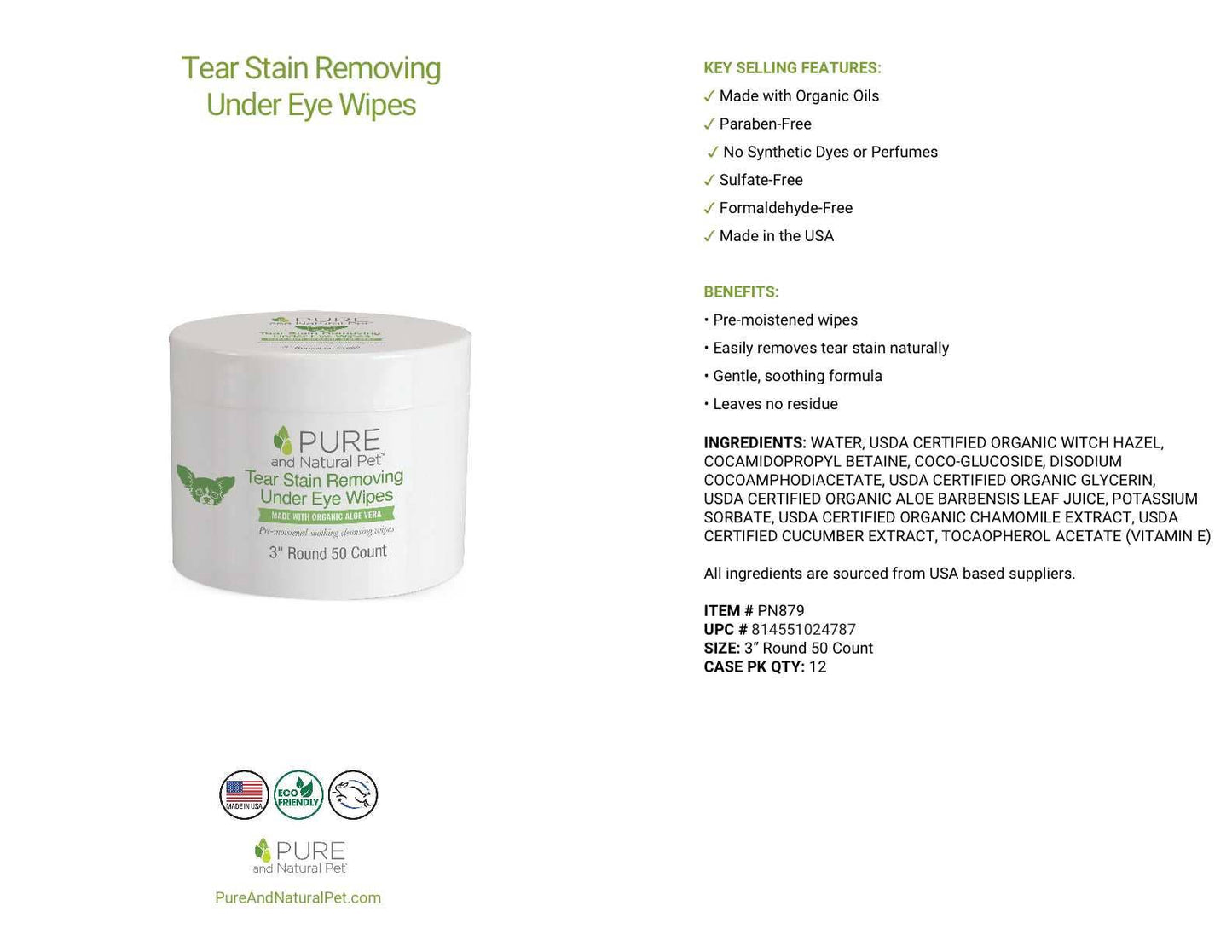 Pure and Natural Pet - Tear Stain Removing Under Eye Wipes for Dogs