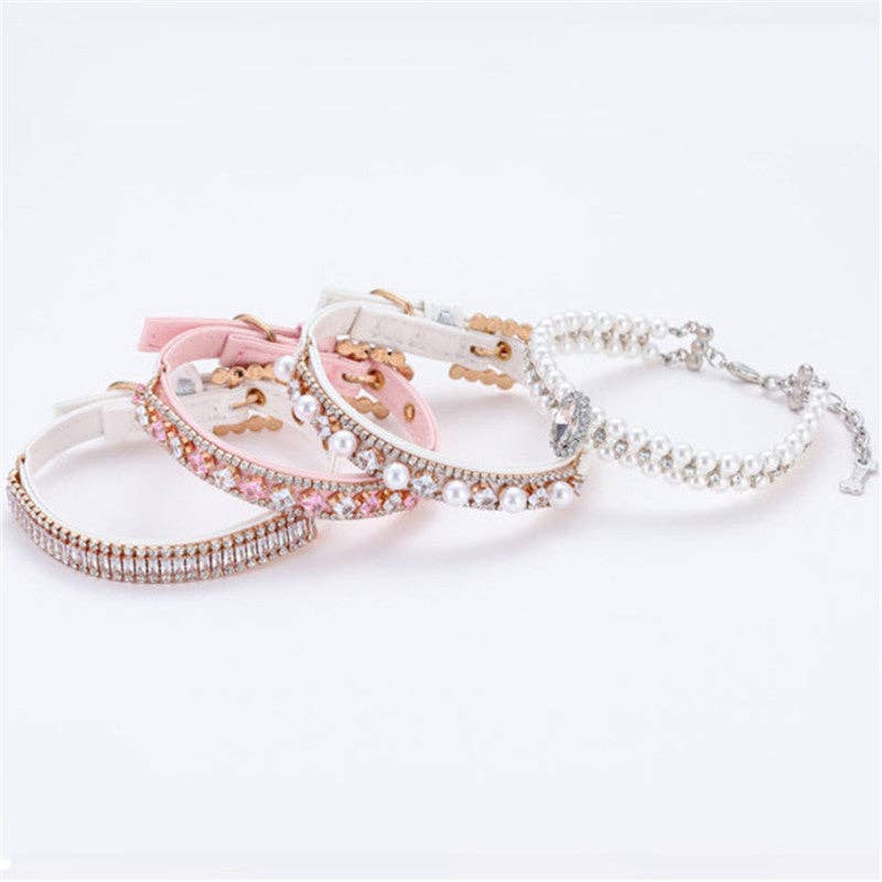 Bling Rhinestone Pearl Necklace Pet Collars