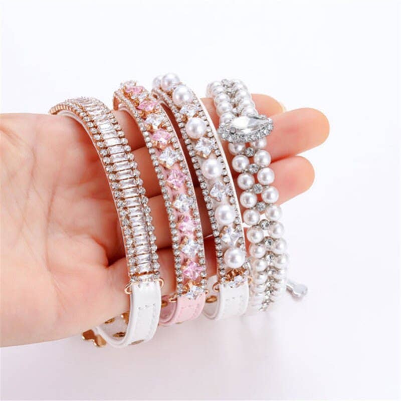 Bling Rhinestone Pearl Necklace Pet Collars